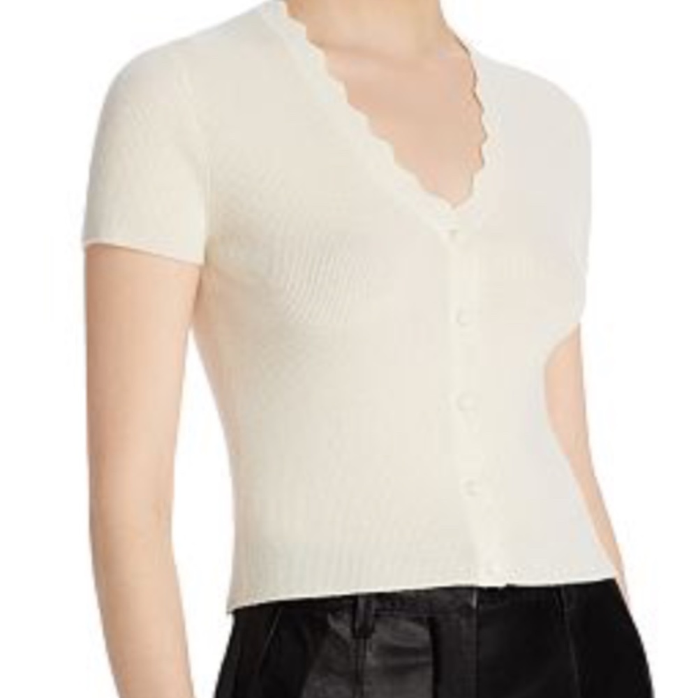 100% Cashmere Scalloped Short Sleeve Sweater Top with Buttons